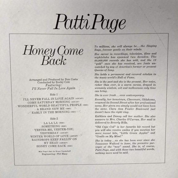3/$25 vintage 70s patti page honey come back record - Picture 2 of 5